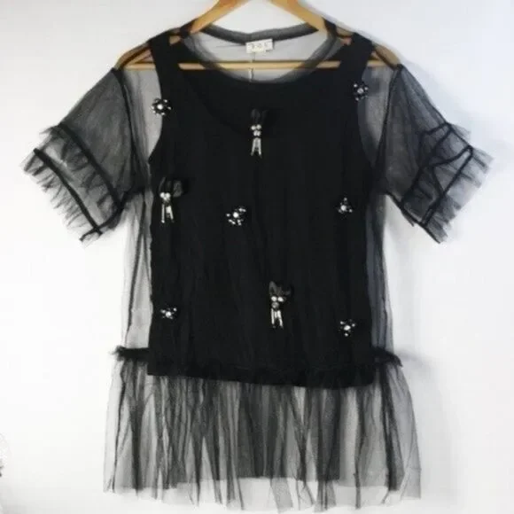 POL Sheer Mesh Two-fer Tulle Tunic Top Black Women's‎ Size S - Picture 7 of 9